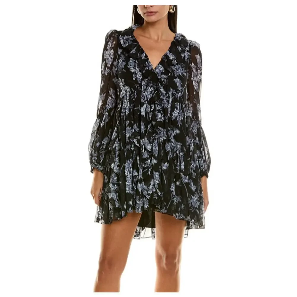 Cinq A Sept Jalen Long Sleeve Black Blue Multi Floral Mini Dress Ruffle Sz 0 NWT